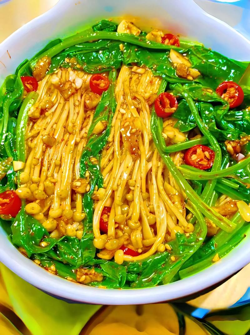 菠菜拌金针菇，美味爽口，减脂又解腻